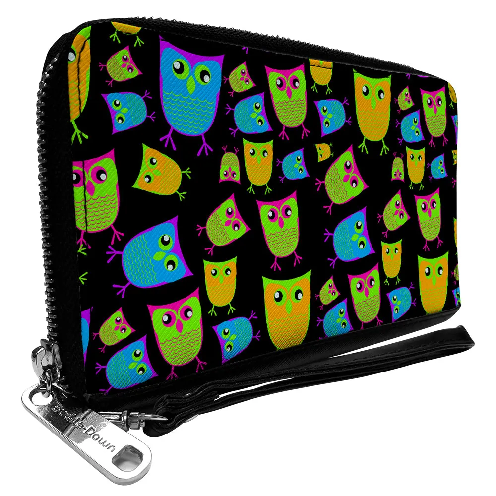 PU Zip Around Wallet Rectangle - Owls Black/Multi Neon