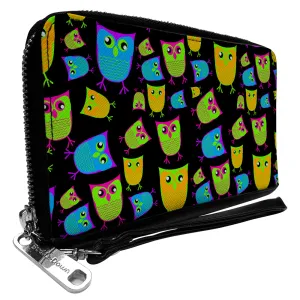 PU Zip Around Wallet Rectangle - Owls Black/Multi Neon