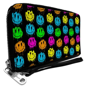 PU Zip Around Wallet Rectangle - Smiley Faces Melted Mini Repeat Black Multi Neon