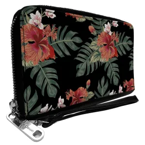 PU Zip Around Wallet Rectangle - Tropical Flora Black/Greens/Reds