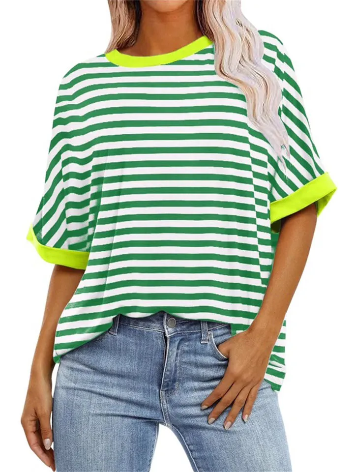 Pullover Round Neck Striped Colorblocked Women's T-shirt