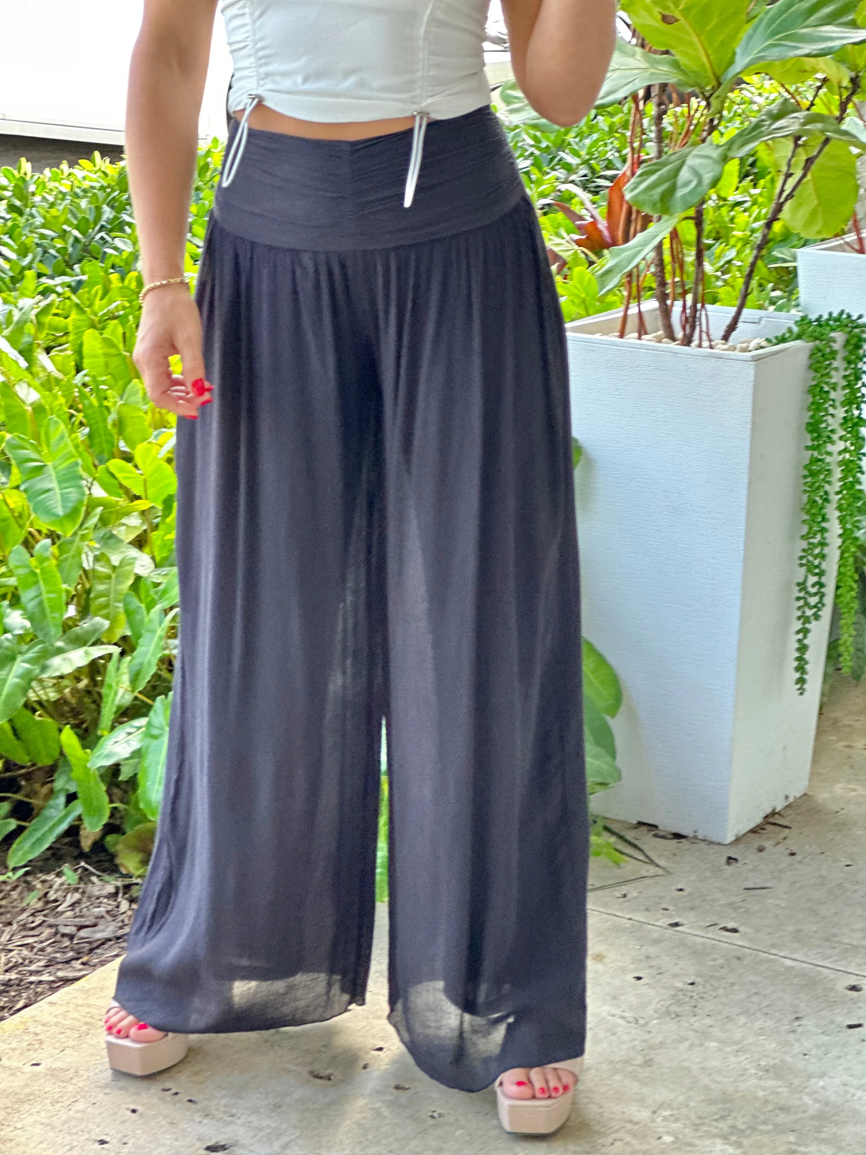 "Nova" High Waisted Shirred Wide Leg Flowy Pants