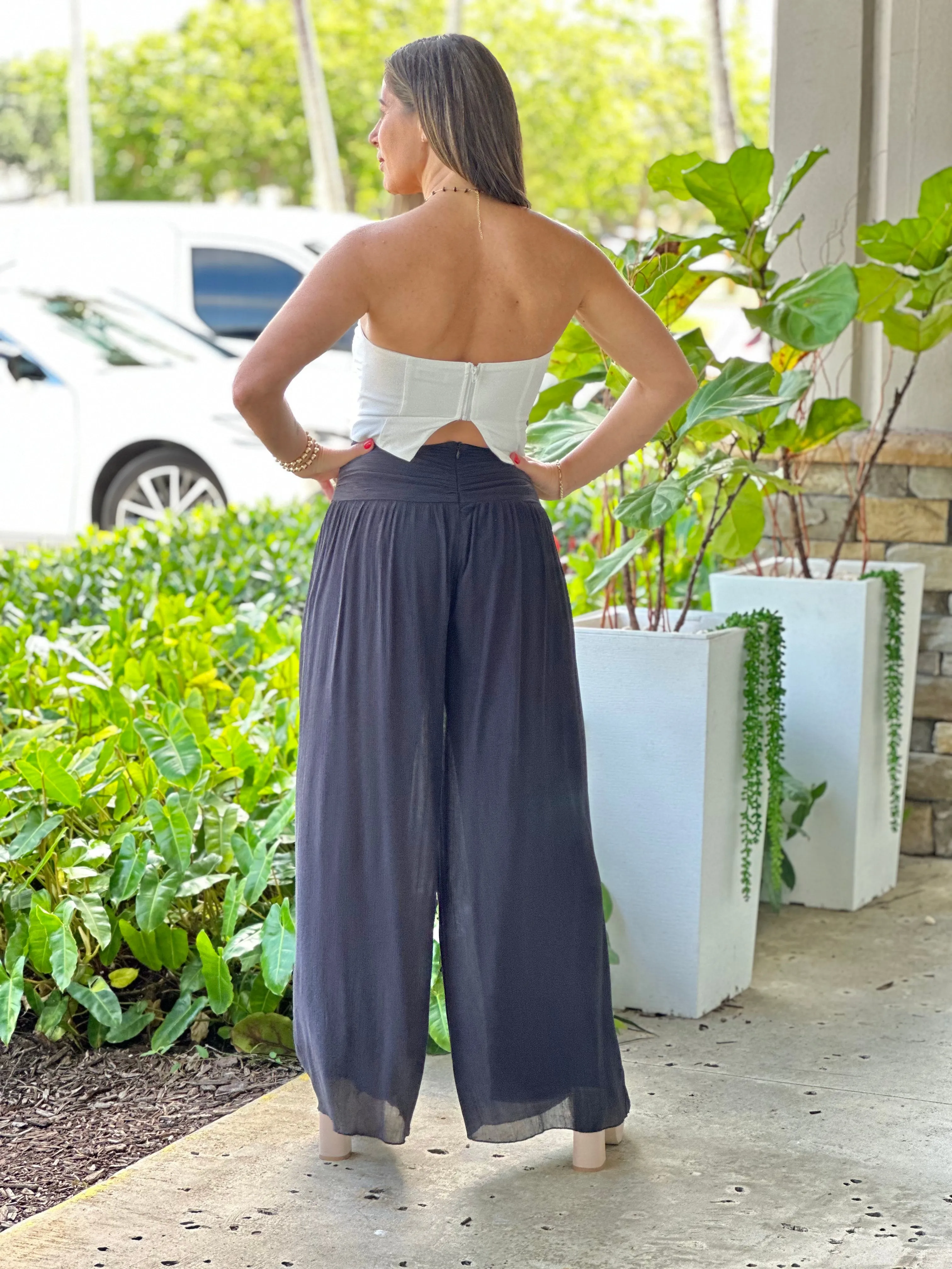 "Nova" High Waisted Shirred Wide Leg Flowy Pants