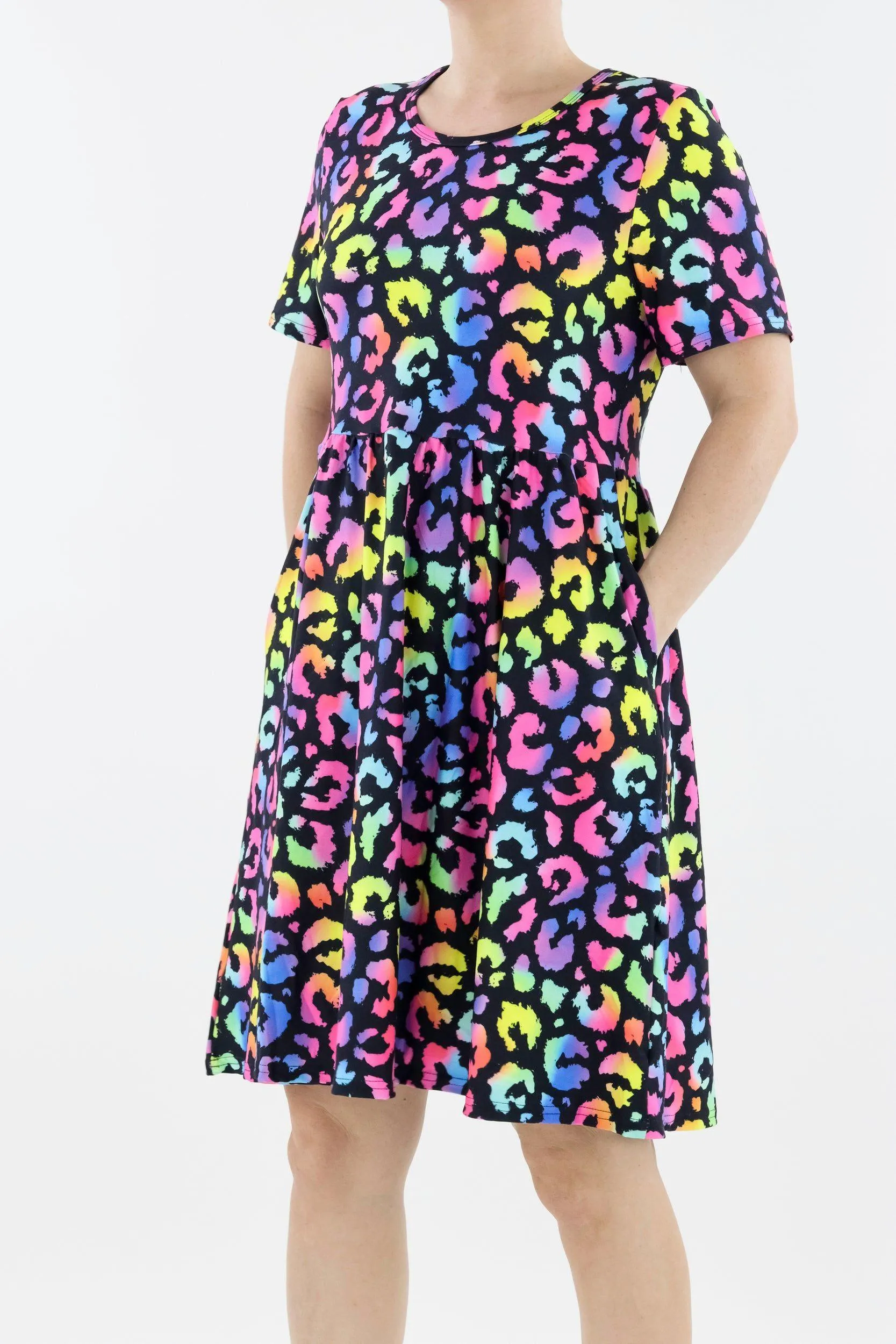 Radiant Leopard - Short Sleeve Skater Dress - Knee Length - Side Pockets