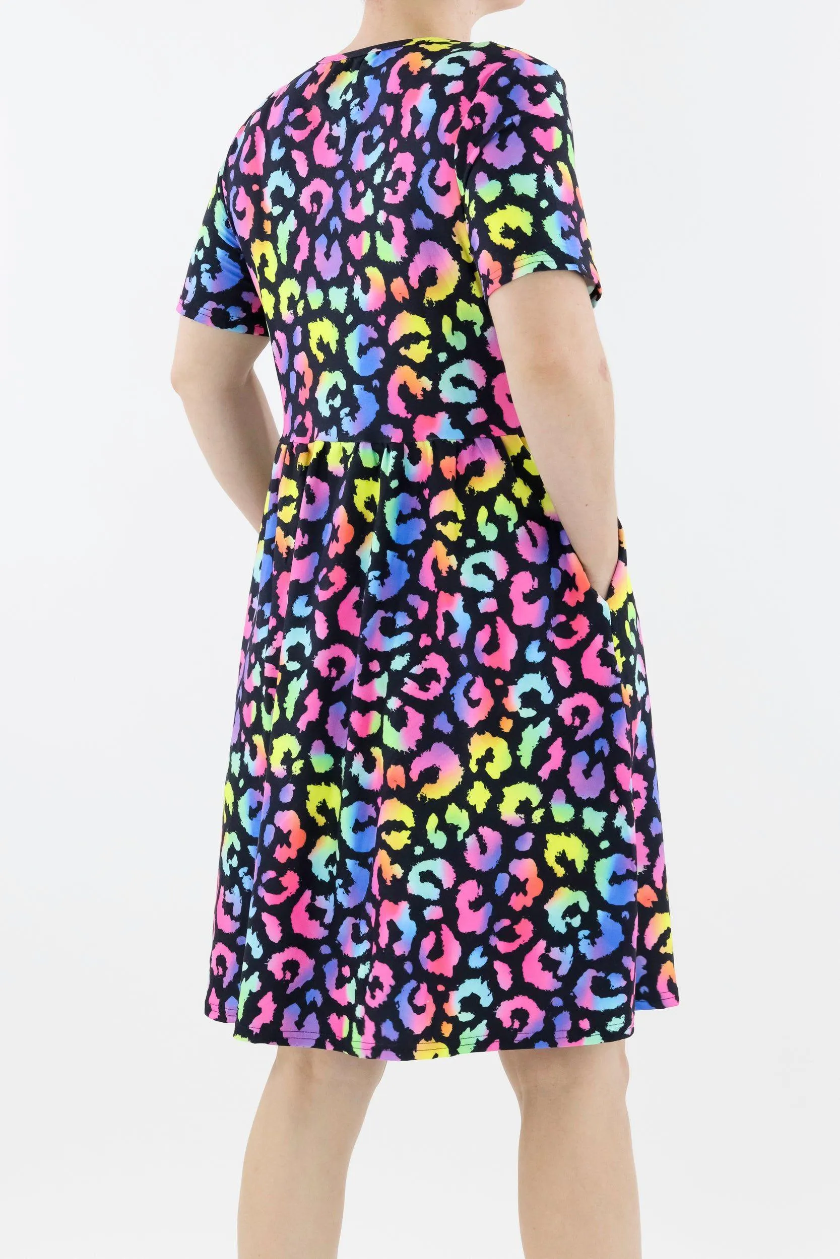 Radiant Leopard - Short Sleeve Skater Dress - Knee Length - Side Pockets