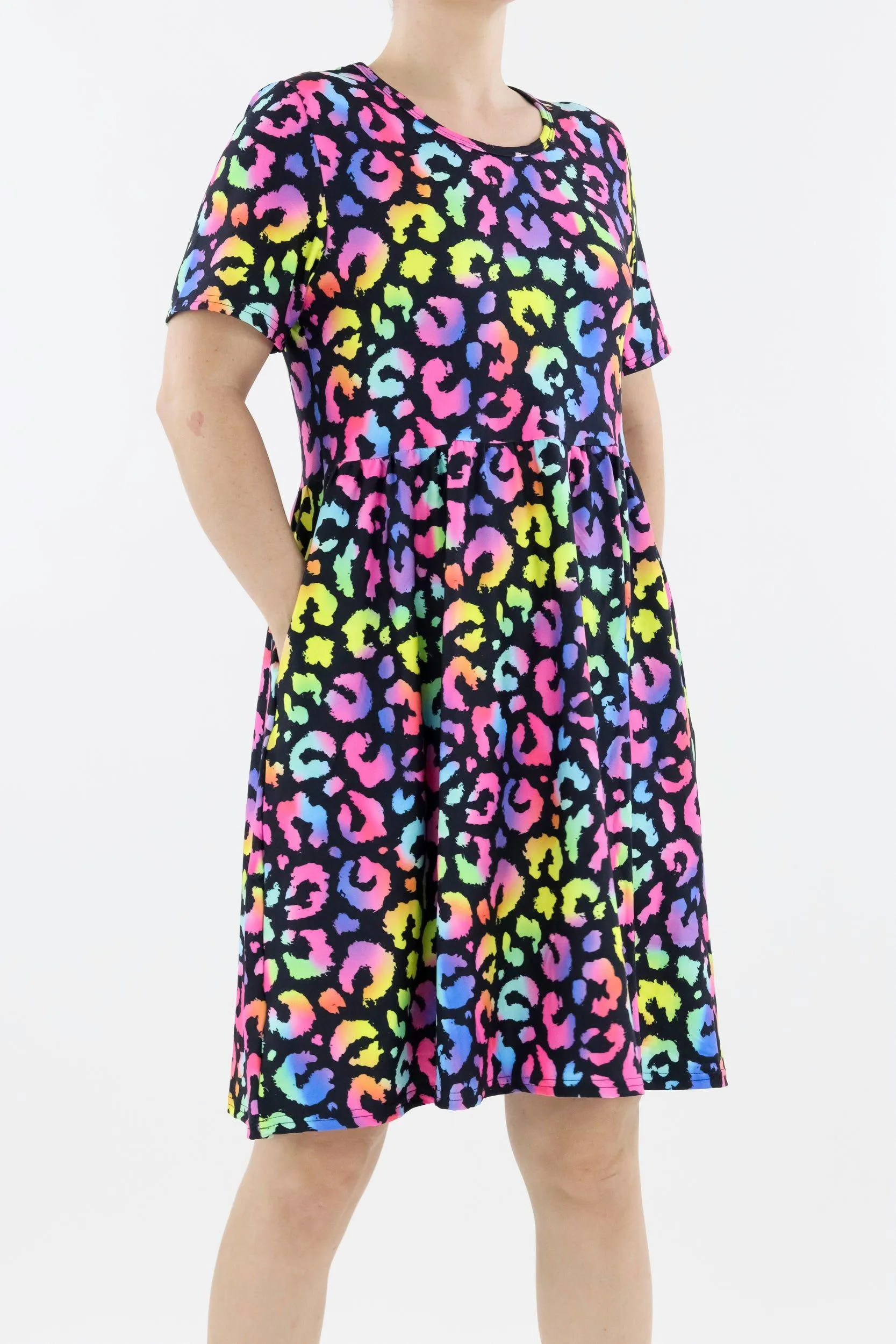 Radiant Leopard - Short Sleeve Skater Dress - Knee Length - Side Pockets