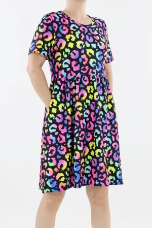 Radiant Leopard - Short Sleeve Skater Dress - Knee Length - Side Pockets