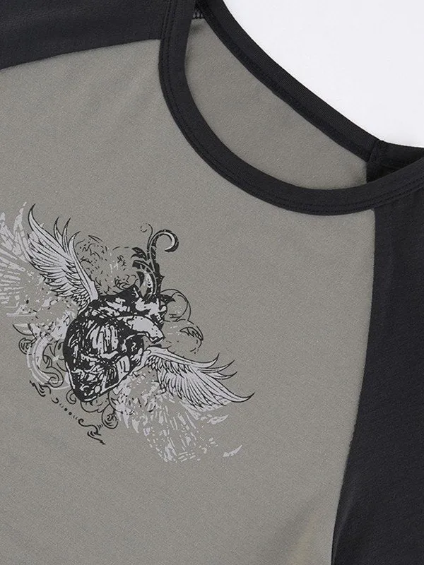 Raglan Ärmel Crop Top mit Grunge Flügeldruck