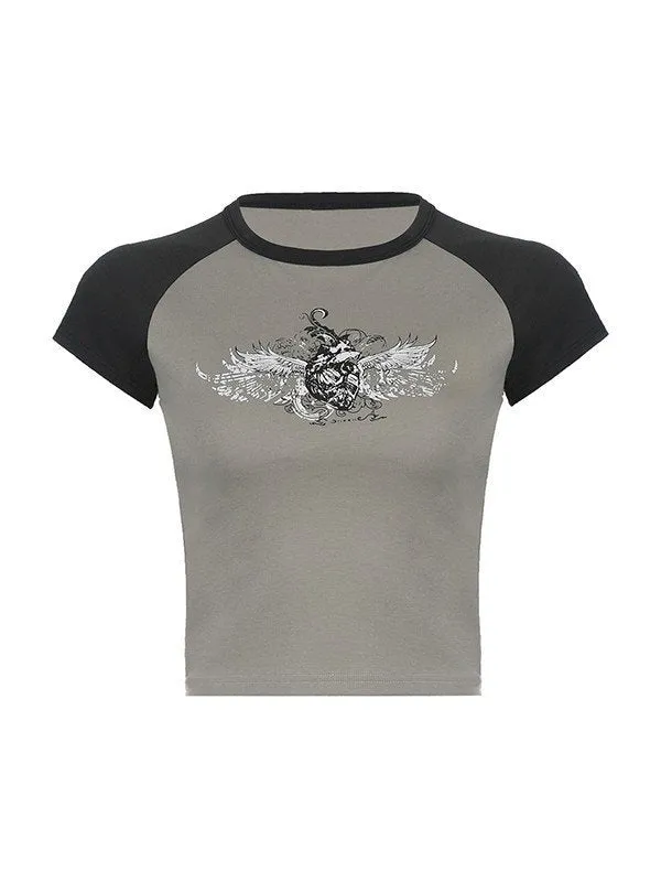 Raglan Ärmel Crop Top mit Grunge Flügeldruck