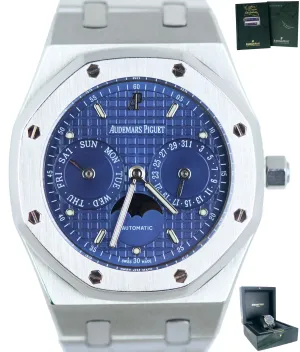 RARE MINT 2001 Audemars Piguet AP Royal Oak Day Date Moonphase Blue 36mm 25594