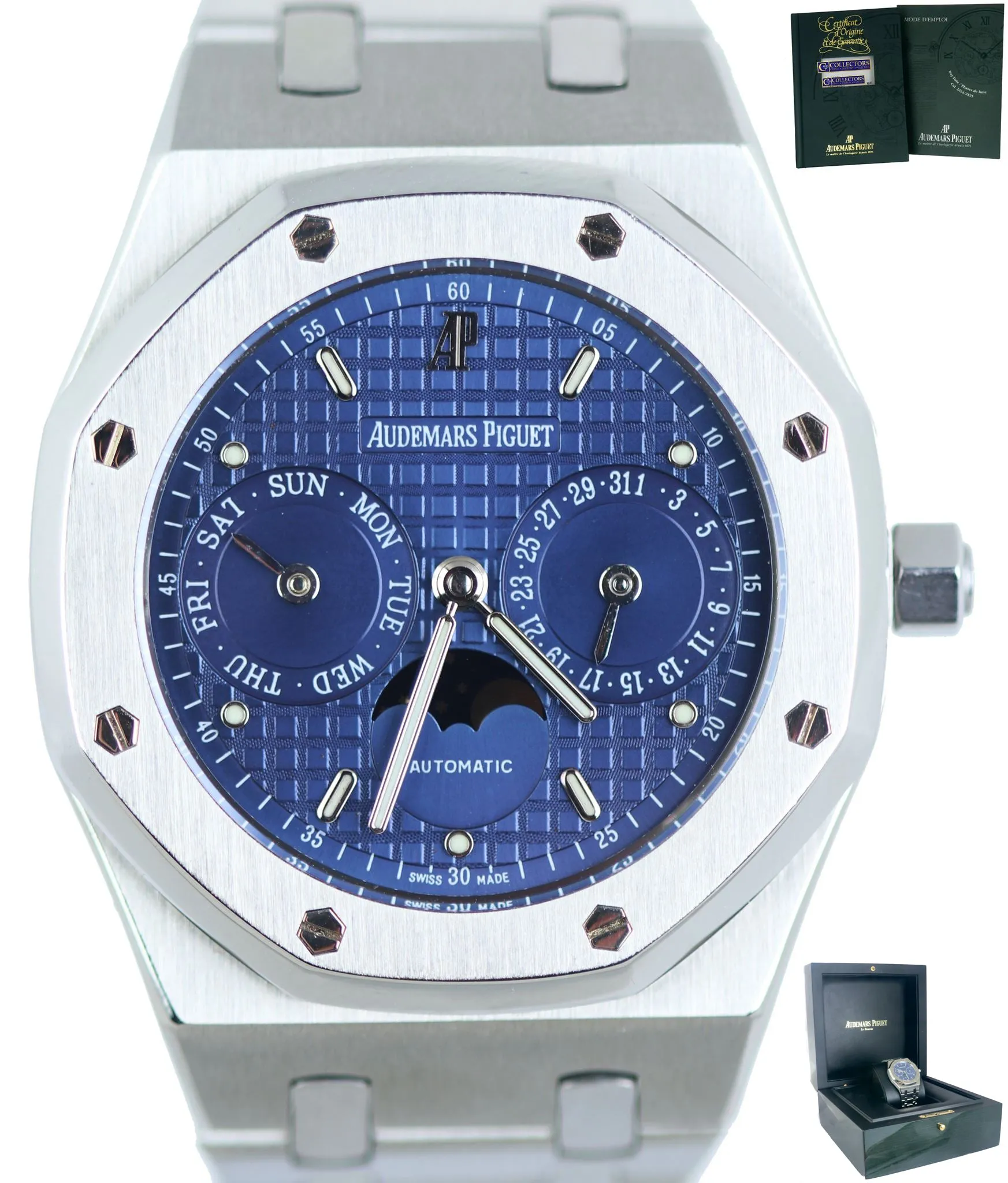 RARE MINT 2001 Audemars Piguet AP Royal Oak Day Date Moonphase Blue 36mm 25594