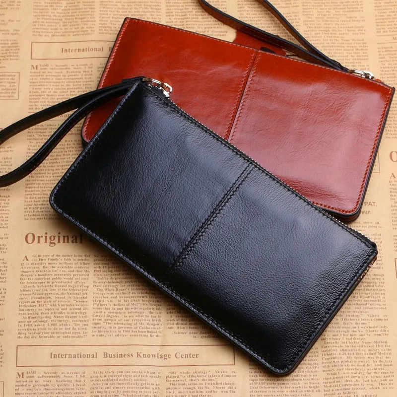 Realaiot Women's Vintage Oil Wax Leather Zipper Clutch Wallet Female Large Capacity Coin Purse Ladies Wristband Simple Card Holder Wallet