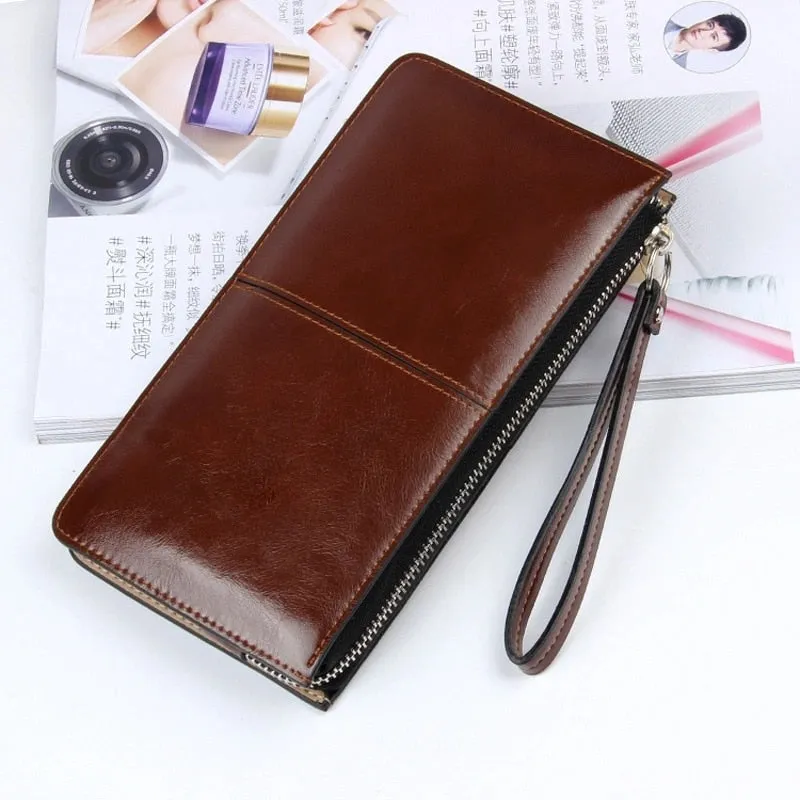 Realaiot Women's Vintage Oil Wax Leather Zipper Clutch Wallet Female Large Capacity Coin Purse Ladies Wristband Simple Card Holder Wallet