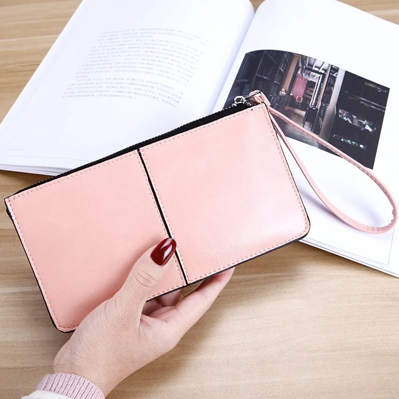 Realaiot Women's Vintage Oil Wax Leather Zipper Clutch Wallet Female Large Capacity Coin Purse Ladies Wristband Simple Card Holder Wallet