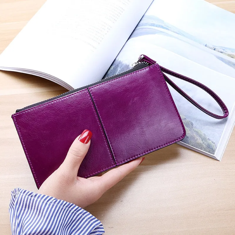 Realaiot Women's Vintage Oil Wax Leather Zipper Clutch Wallet Female Large Capacity Coin Purse Ladies Wristband Simple Card Holder Wallet