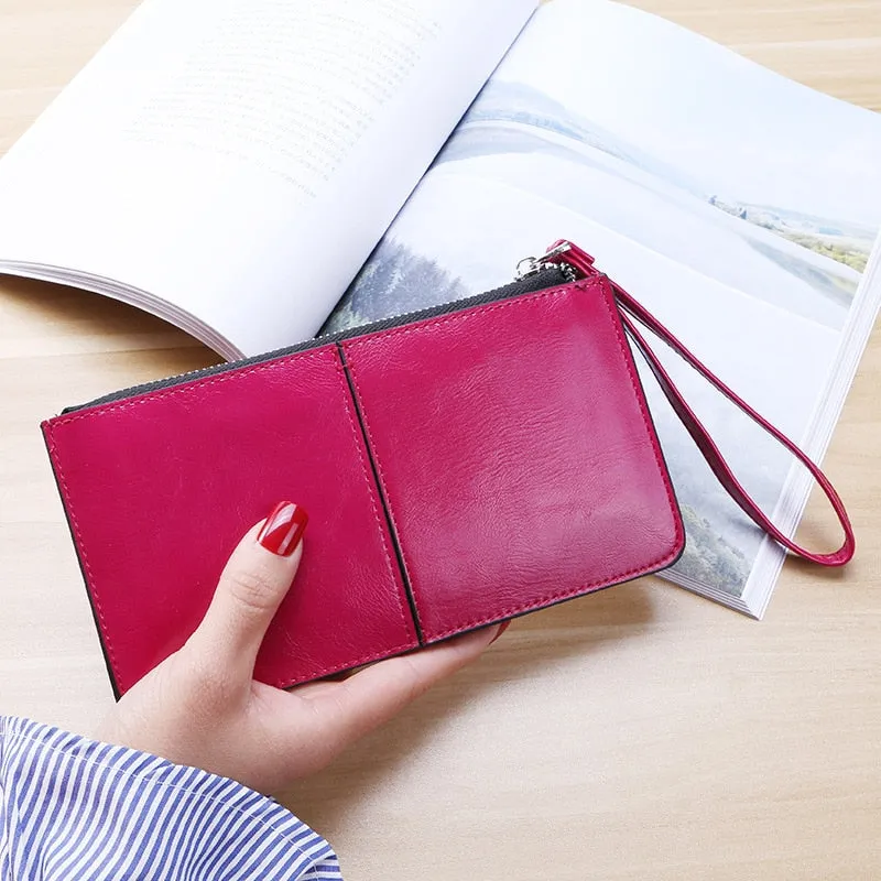 Realaiot Women's Vintage Oil Wax Leather Zipper Clutch Wallet Female Large Capacity Coin Purse Ladies Wristband Simple Card Holder Wallet