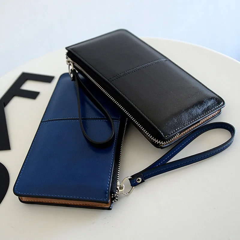 Realaiot Women's Vintage Oil Wax Leather Zipper Clutch Wallet Female Large Capacity Coin Purse Ladies Wristband Simple Card Holder Wallet