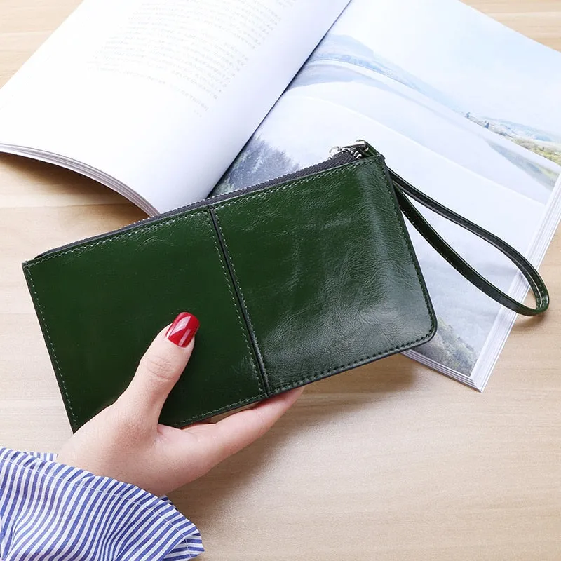 Realaiot Women's Vintage Oil Wax Leather Zipper Clutch Wallet Female Large Capacity Coin Purse Ladies Wristband Simple Card Holder Wallet