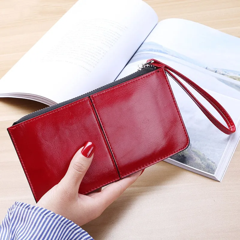 Realaiot Women's Vintage Oil Wax Leather Zipper Clutch Wallet Female Large Capacity Coin Purse Ladies Wristband Simple Card Holder Wallet