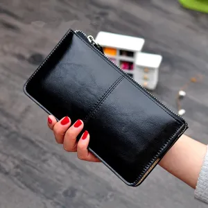 Realaiot Women's Vintage Oil Wax Leather Zipper Clutch Wallet Female Large Capacity Coin Purse Ladies Wristband Simple Card Holder Wallet