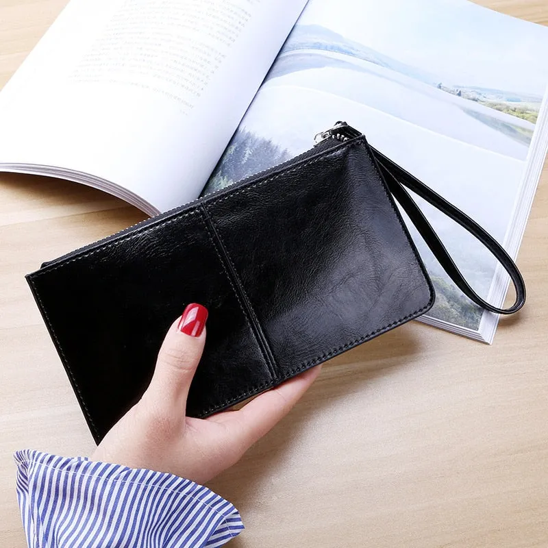 Realaiot Women's Vintage Oil Wax Leather Zipper Clutch Wallet Female Large Capacity Coin Purse Ladies Wristband Simple Card Holder Wallet
