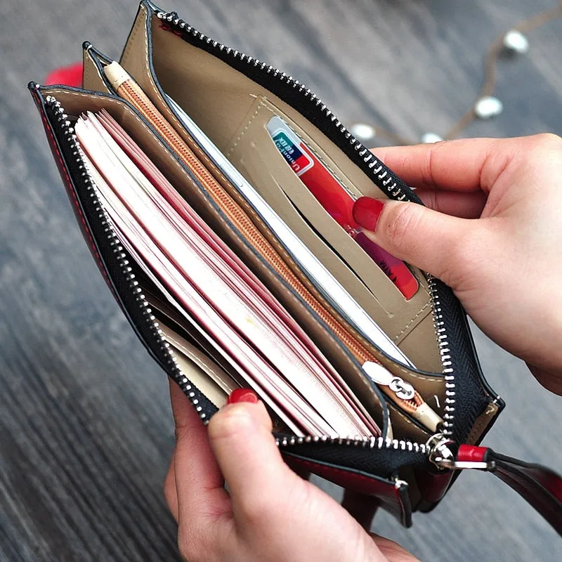 Realaiot Women's Vintage Oil Wax Leather Zipper Clutch Wallet Female Large Capacity Coin Purse Ladies Wristband Simple Card Holder Wallet