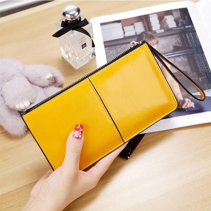 Realaiot Women's Vintage Oil Wax Leather Zipper Clutch Wallet Female Large Capacity Coin Purse Ladies Wristband Simple Card Holder Wallet