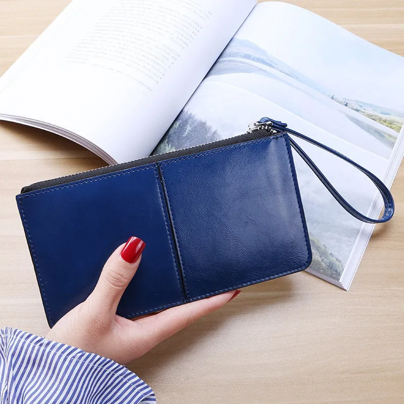 Realaiot Women's Vintage Oil Wax Leather Zipper Clutch Wallet Female Large Capacity Coin Purse Ladies Wristband Simple Card Holder Wallet