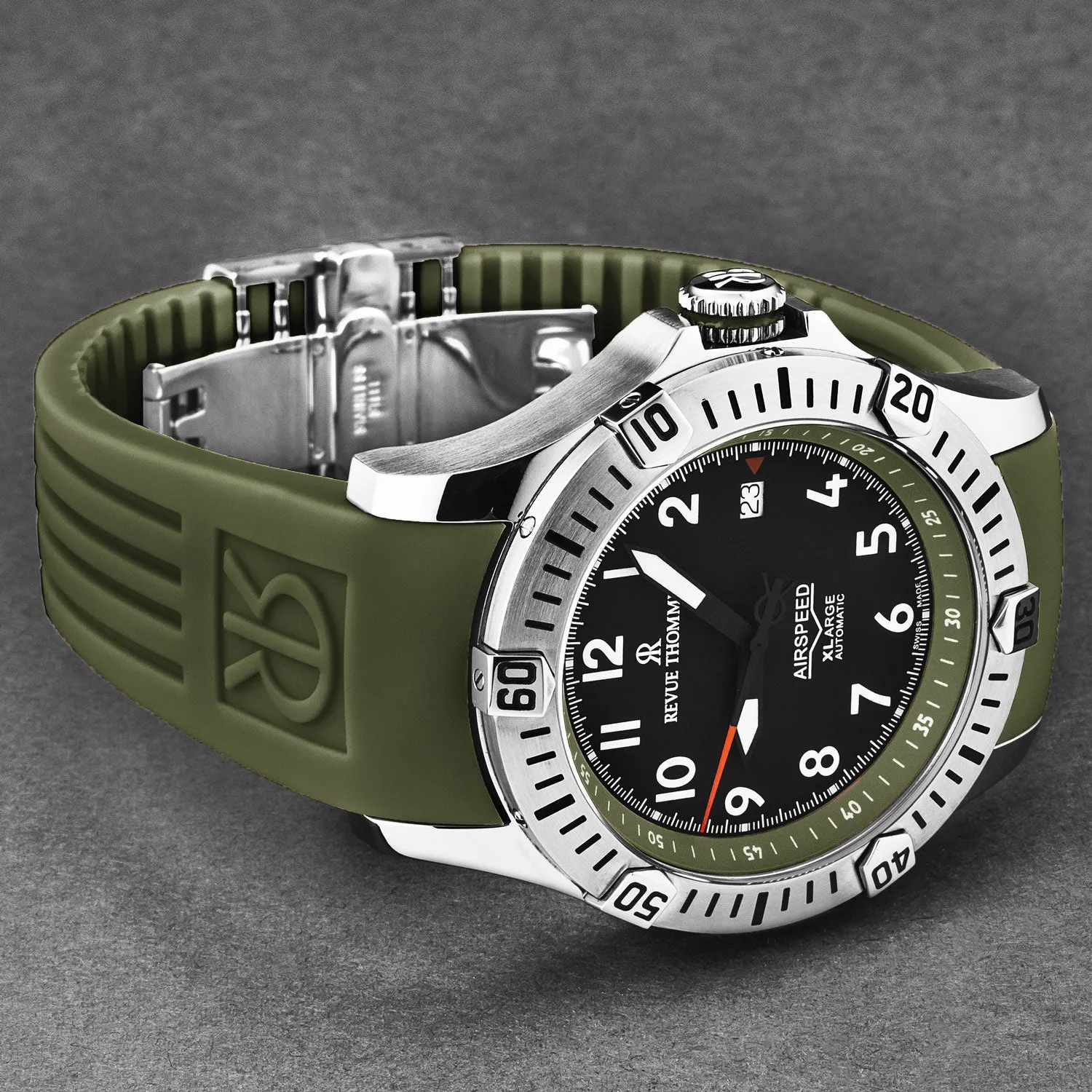Revue Thommen Men's 'Air speed' Black Dial Green Rubber Strap Automatic Watch 16070.4734