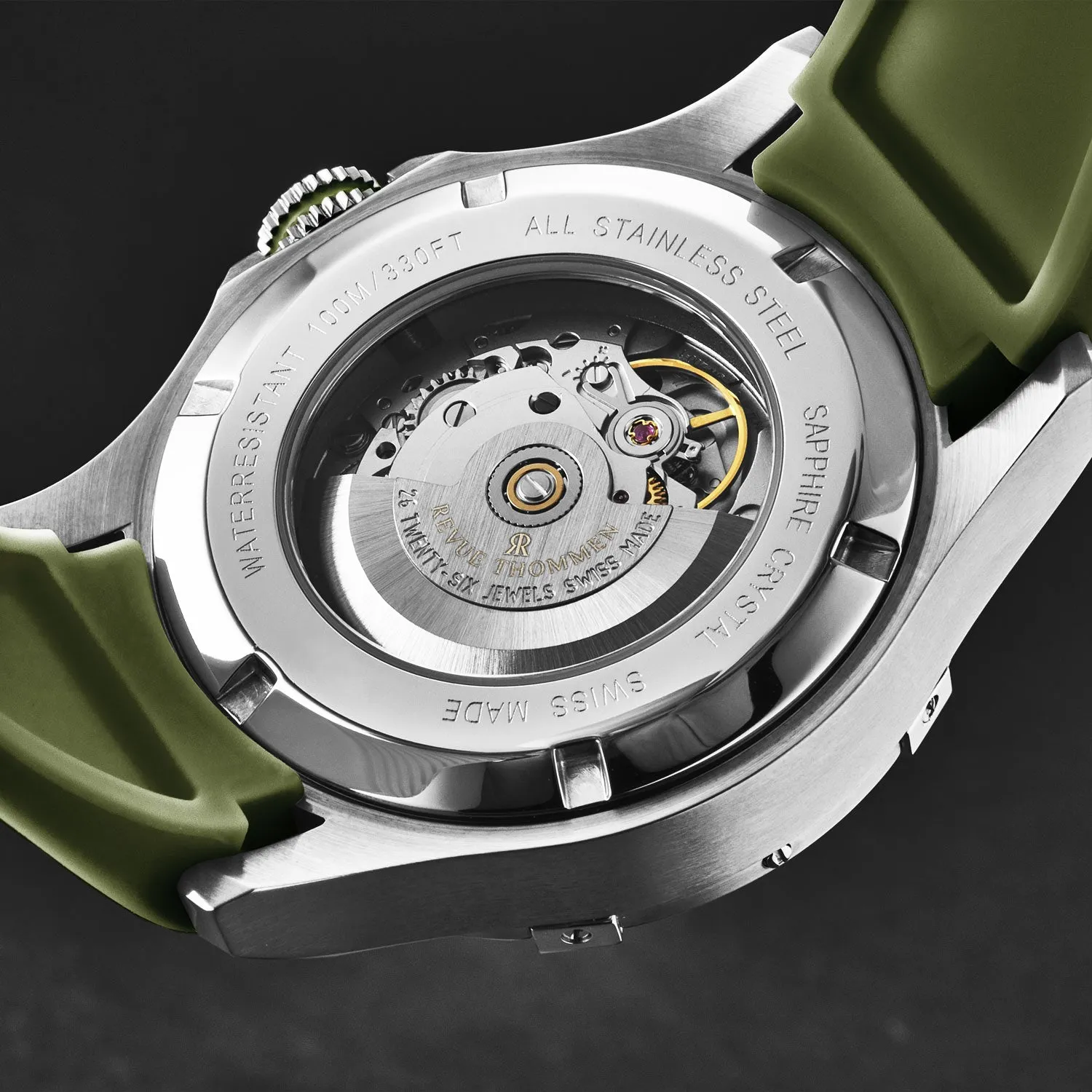 Revue Thommen Men's 'Air speed' Black Dial Green Rubber Strap Automatic Watch 16070.4734