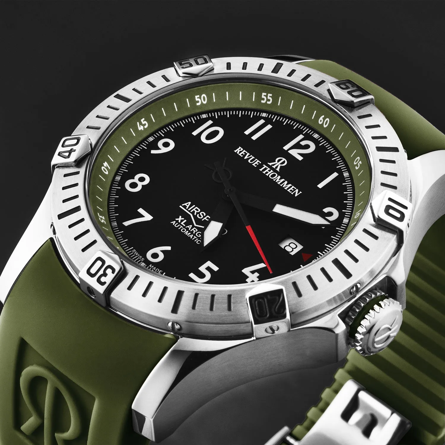 Revue Thommen Men's 'Air speed' Black Dial Green Rubber Strap Automatic Watch 16070.4734