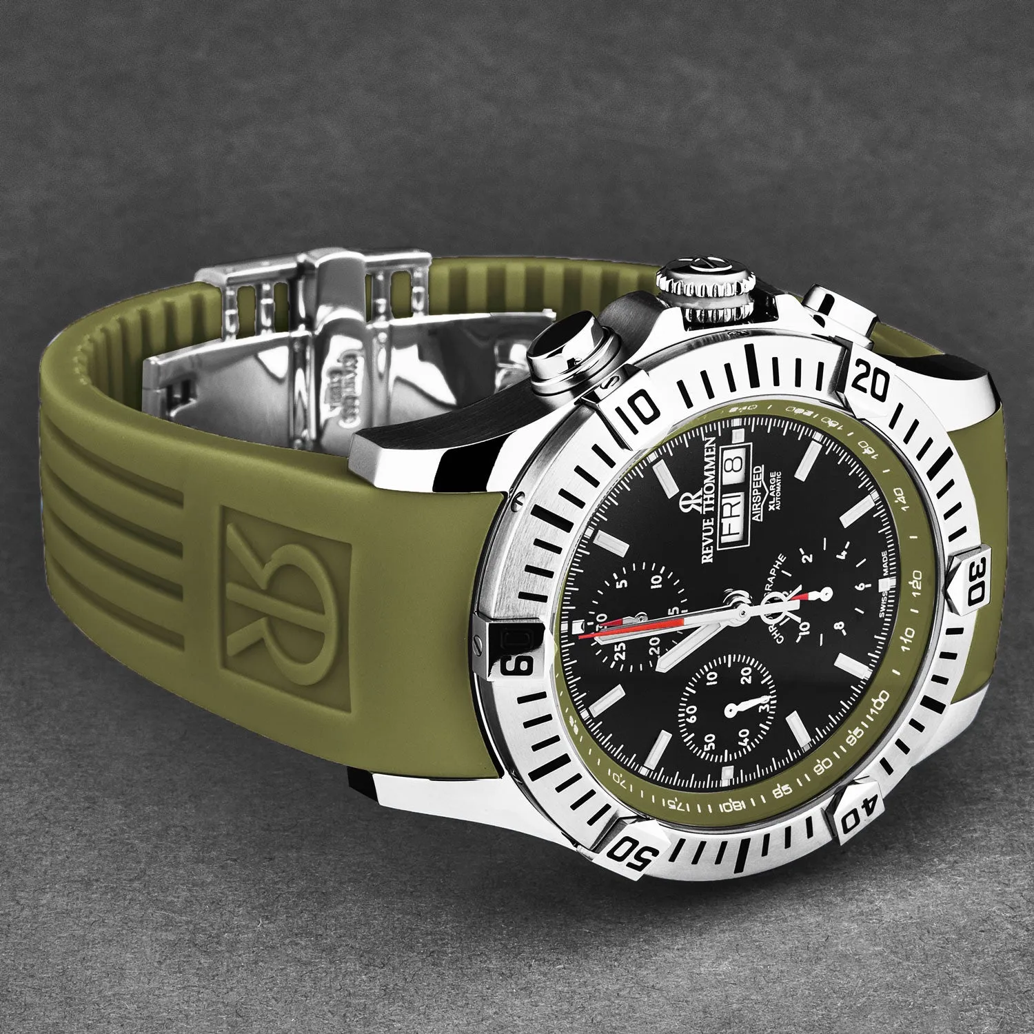 Revue Thommen Men's 'Air speed' Black Dial Green Rubber Strap Automatic Watch 16071.6634