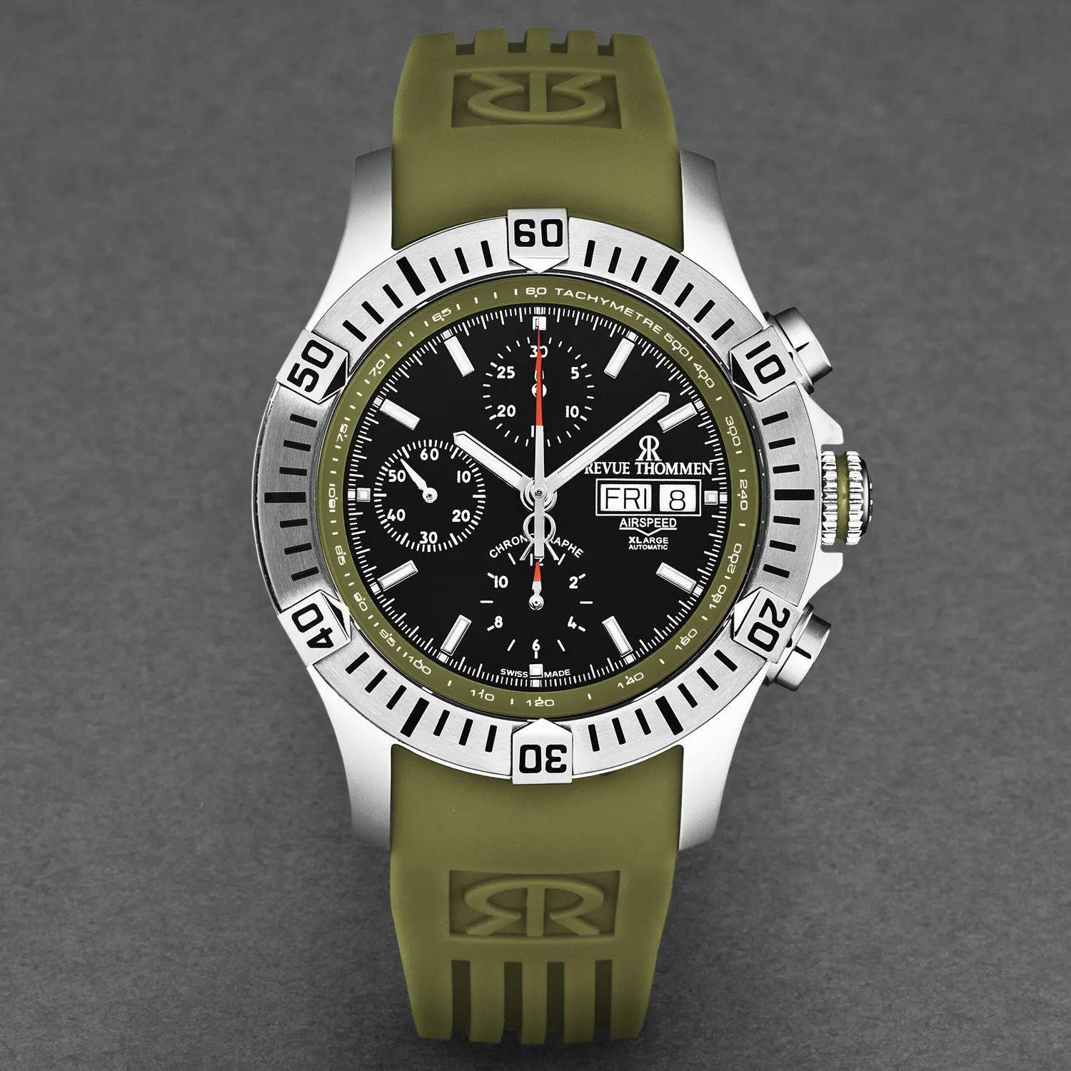 Revue Thommen Men's 'Air speed' Black Dial Green Rubber Strap Automatic Watch 16071.6634