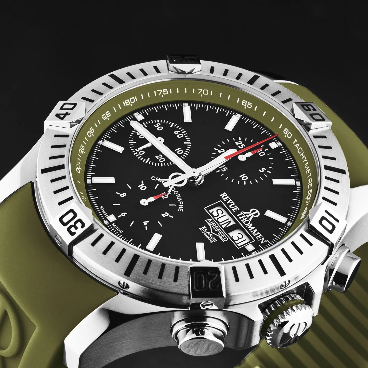 Revue Thommen Men's 'Air speed' Black Dial Green Rubber Strap Automatic Watch 16071.6634