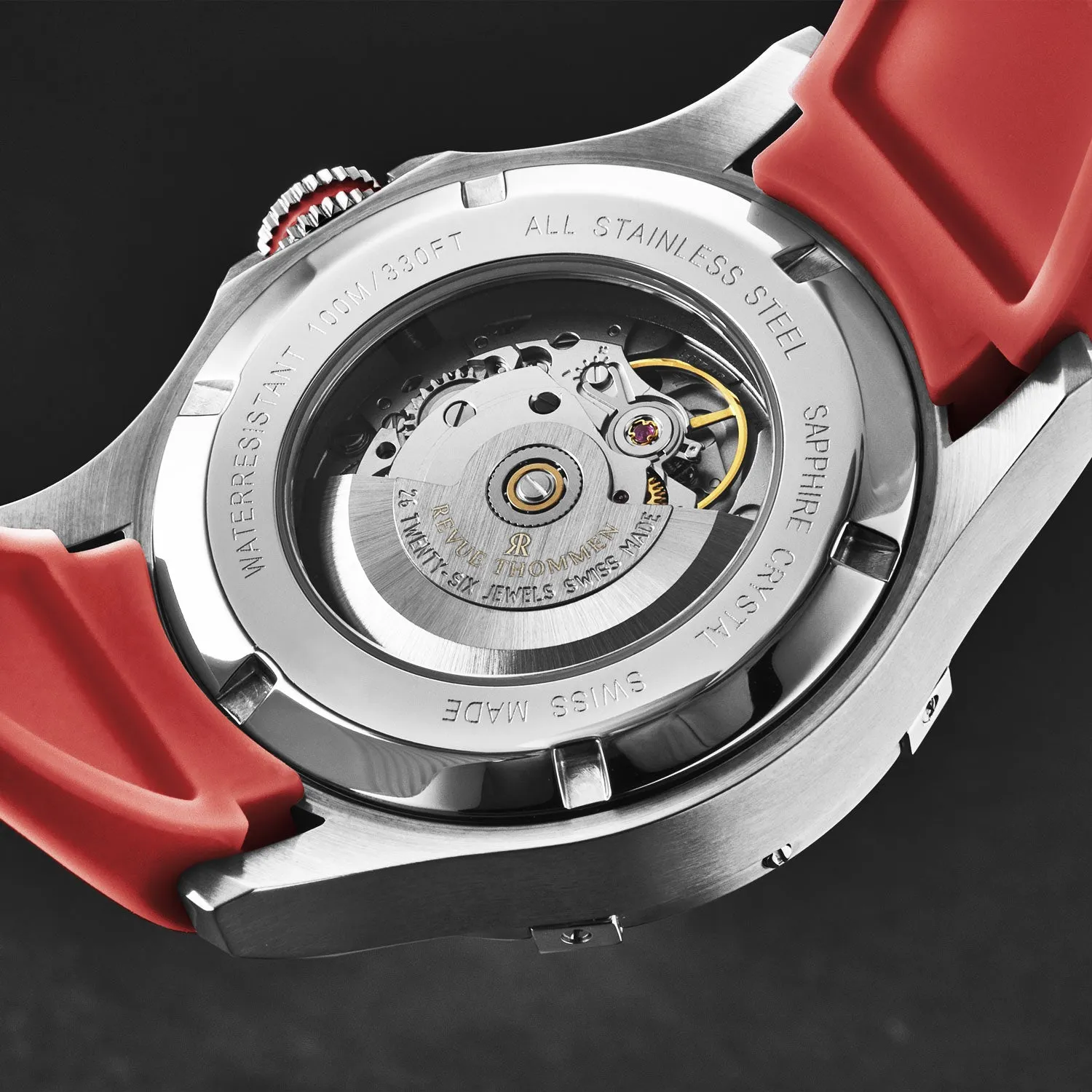 Revue Thommen Men's 'Air speed' Black Dial Red Rubber Strap Automatic Watch 16070.4736