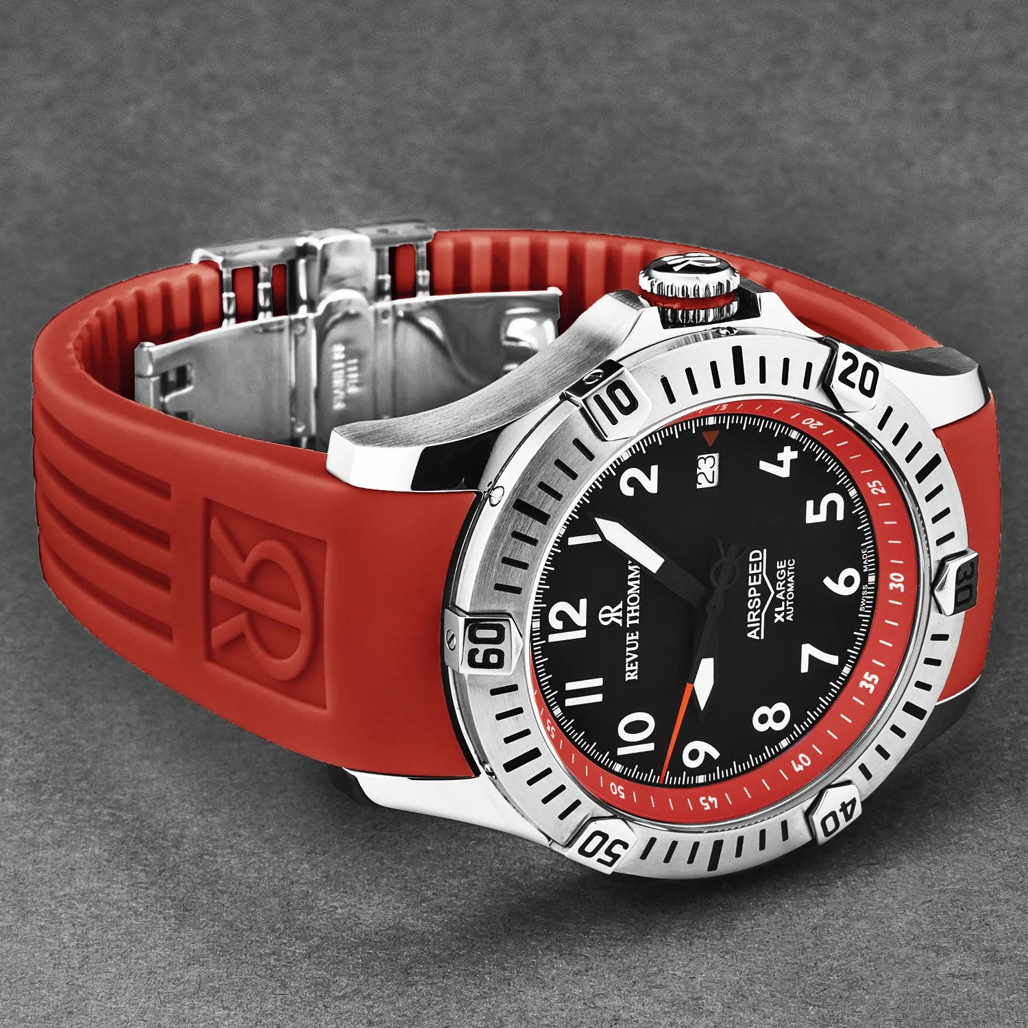 Revue Thommen Men's 'Air speed' Black Dial Red Rubber Strap Automatic Watch 16070.4736