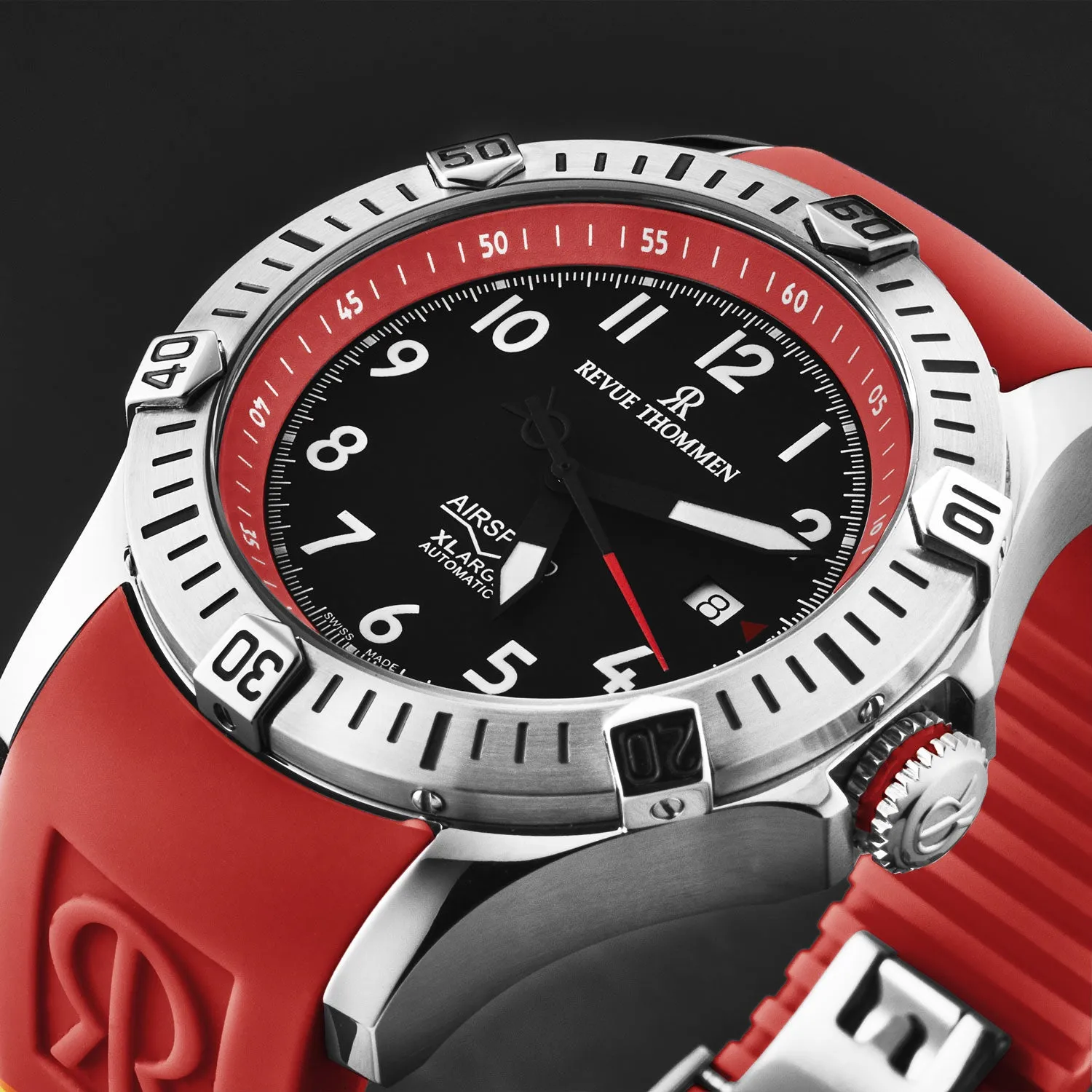 Revue Thommen Men's 'Air speed' Black Dial Red Rubber Strap Automatic Watch 16070.4736
