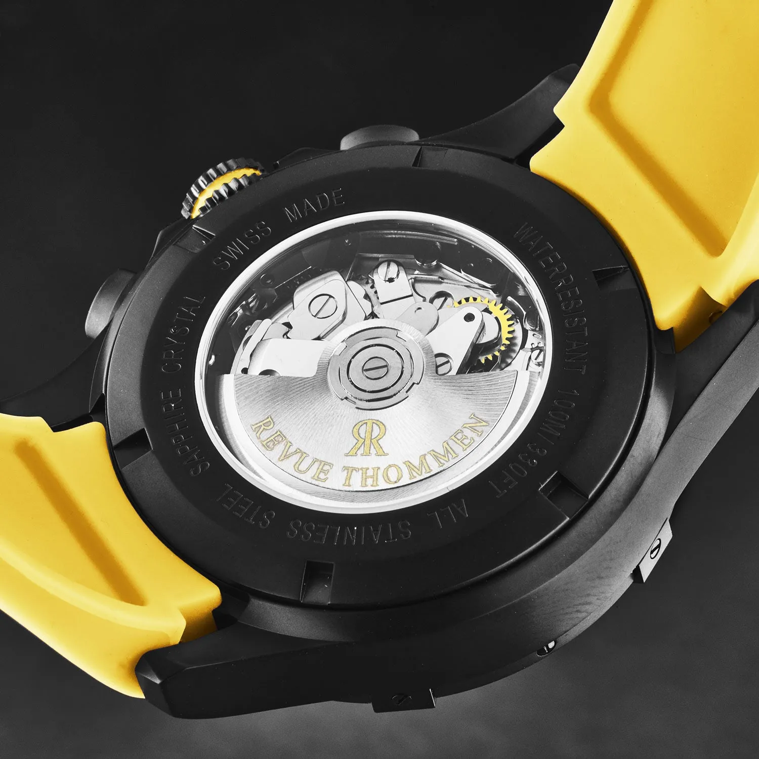 Revue Thommen Men's 'Air speed' Black Dial Yellow Rubber Strap Automatic Watch 16071.6778