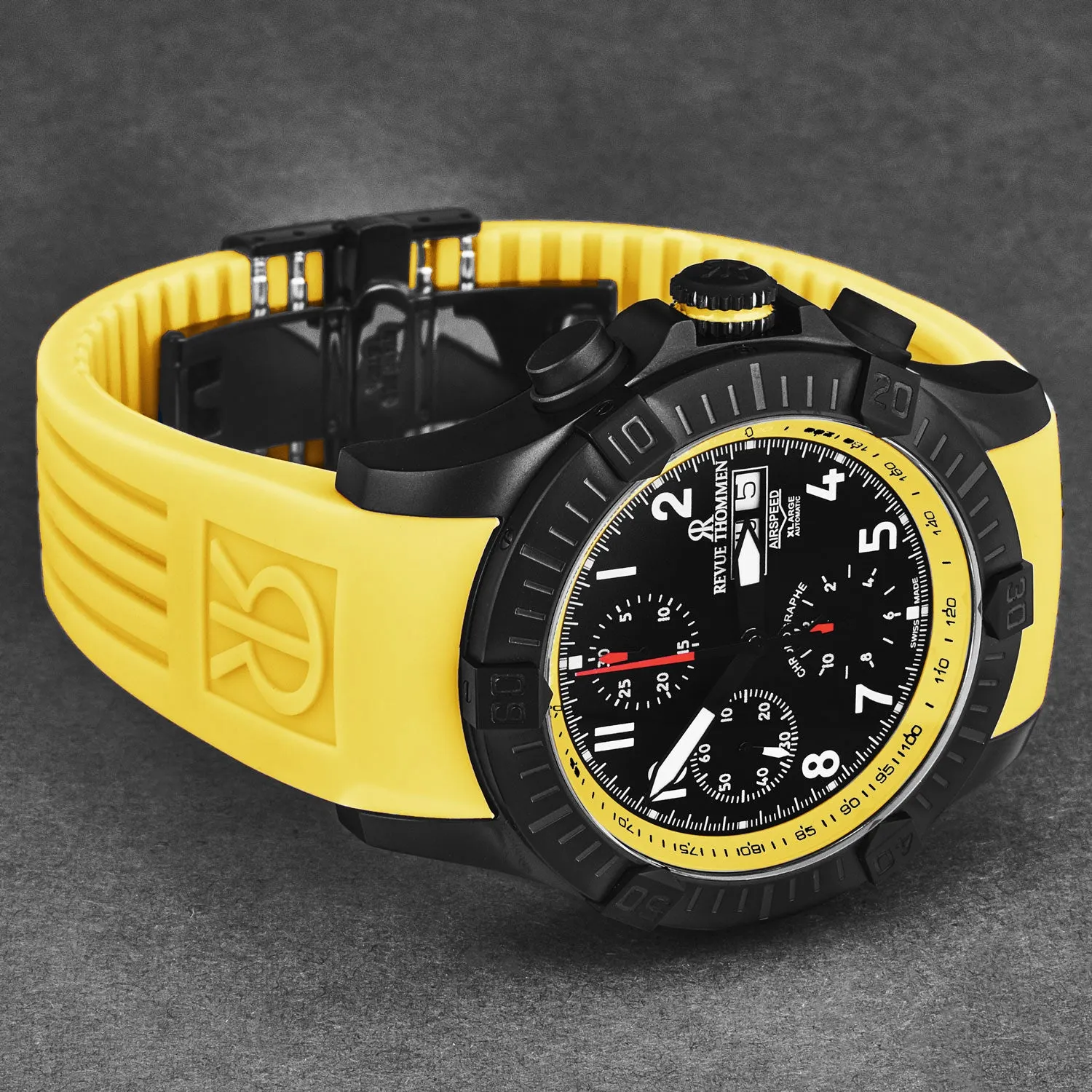 Revue Thommen Men's 'Air speed' Black Dial Yellow Rubber Strap Automatic Watch 16071.6778