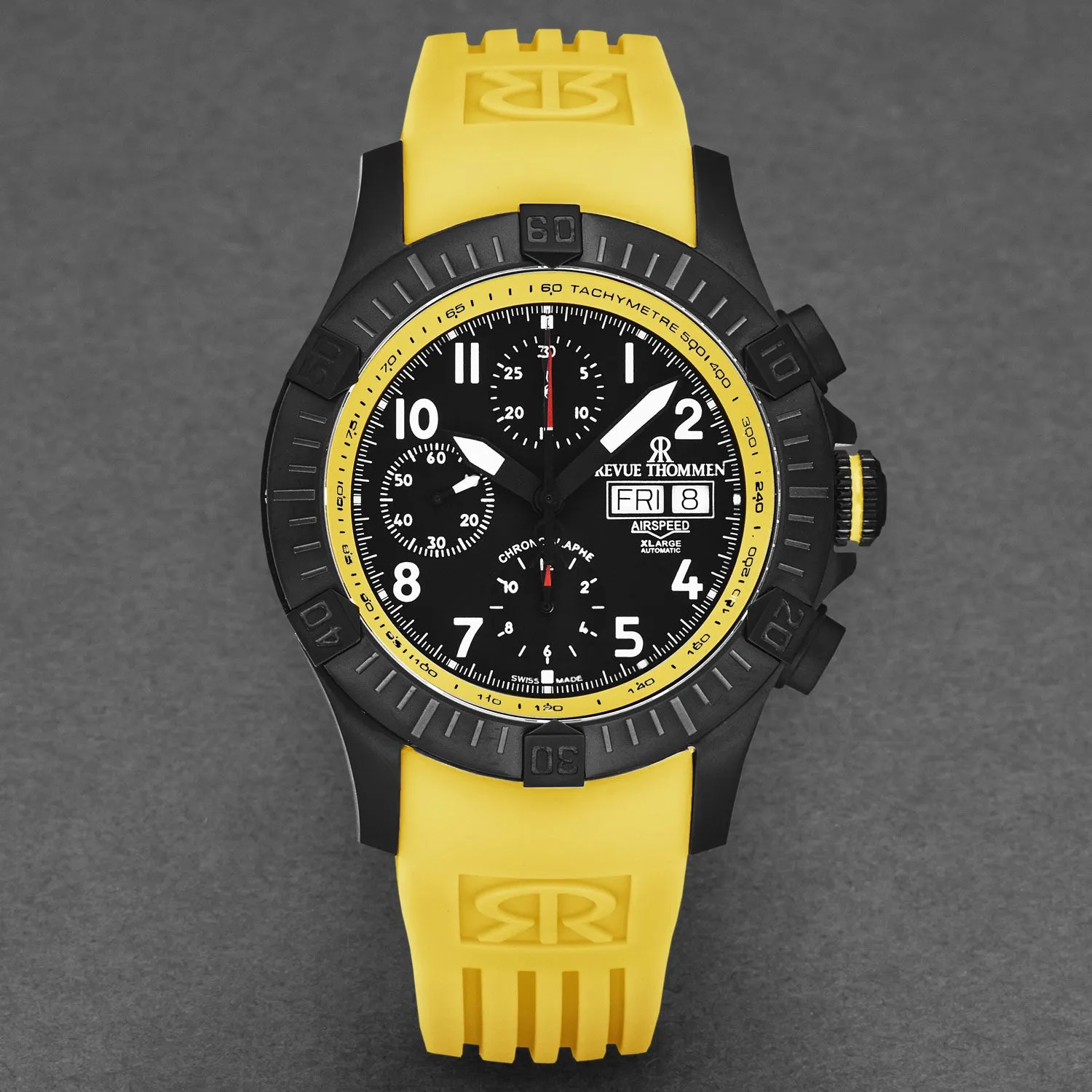 Revue Thommen Men's 'Air speed' Black Dial Yellow Rubber Strap Automatic Watch 16071.6778