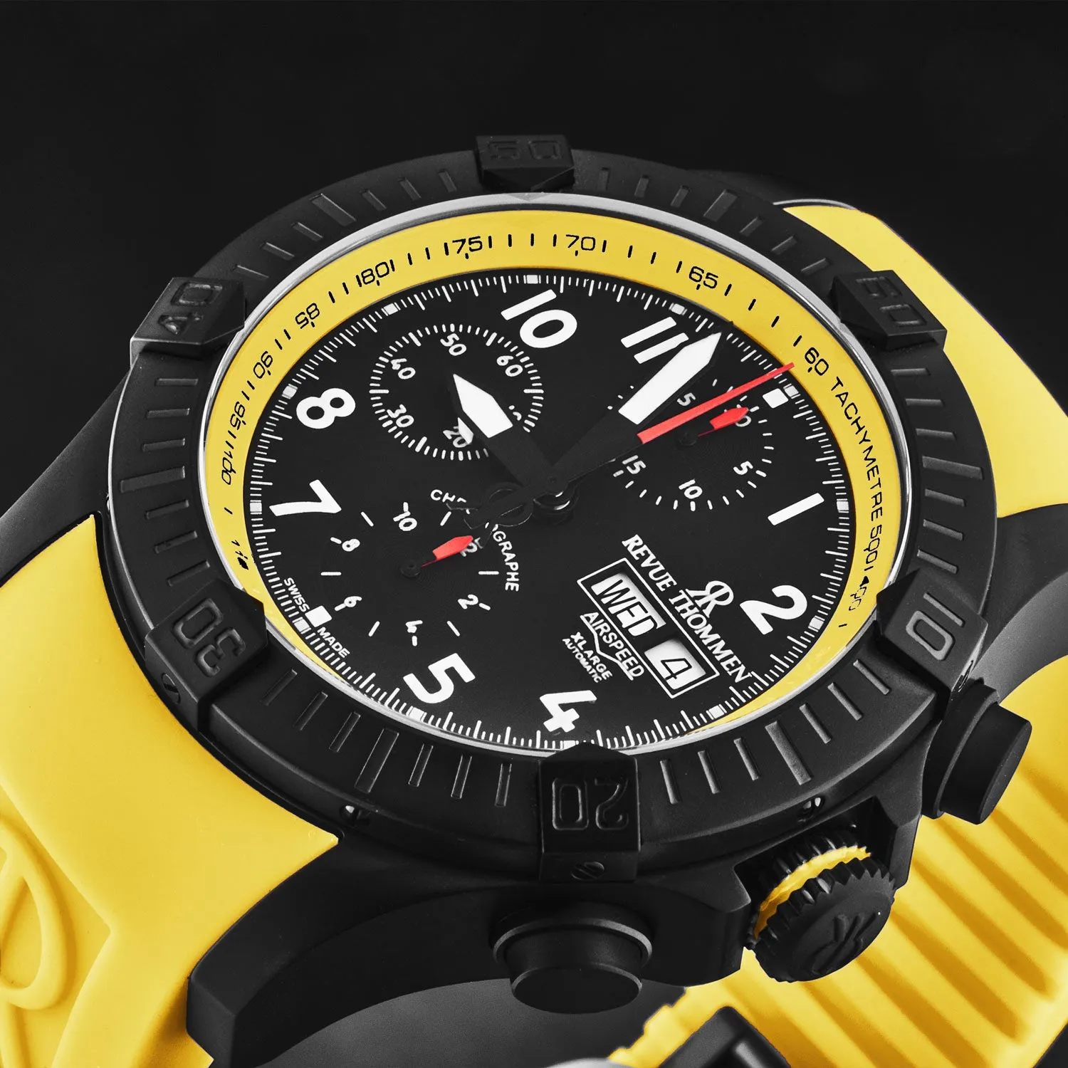 Revue Thommen Men's 'Air speed' Black Dial Yellow Rubber Strap Automatic Watch 16071.6778