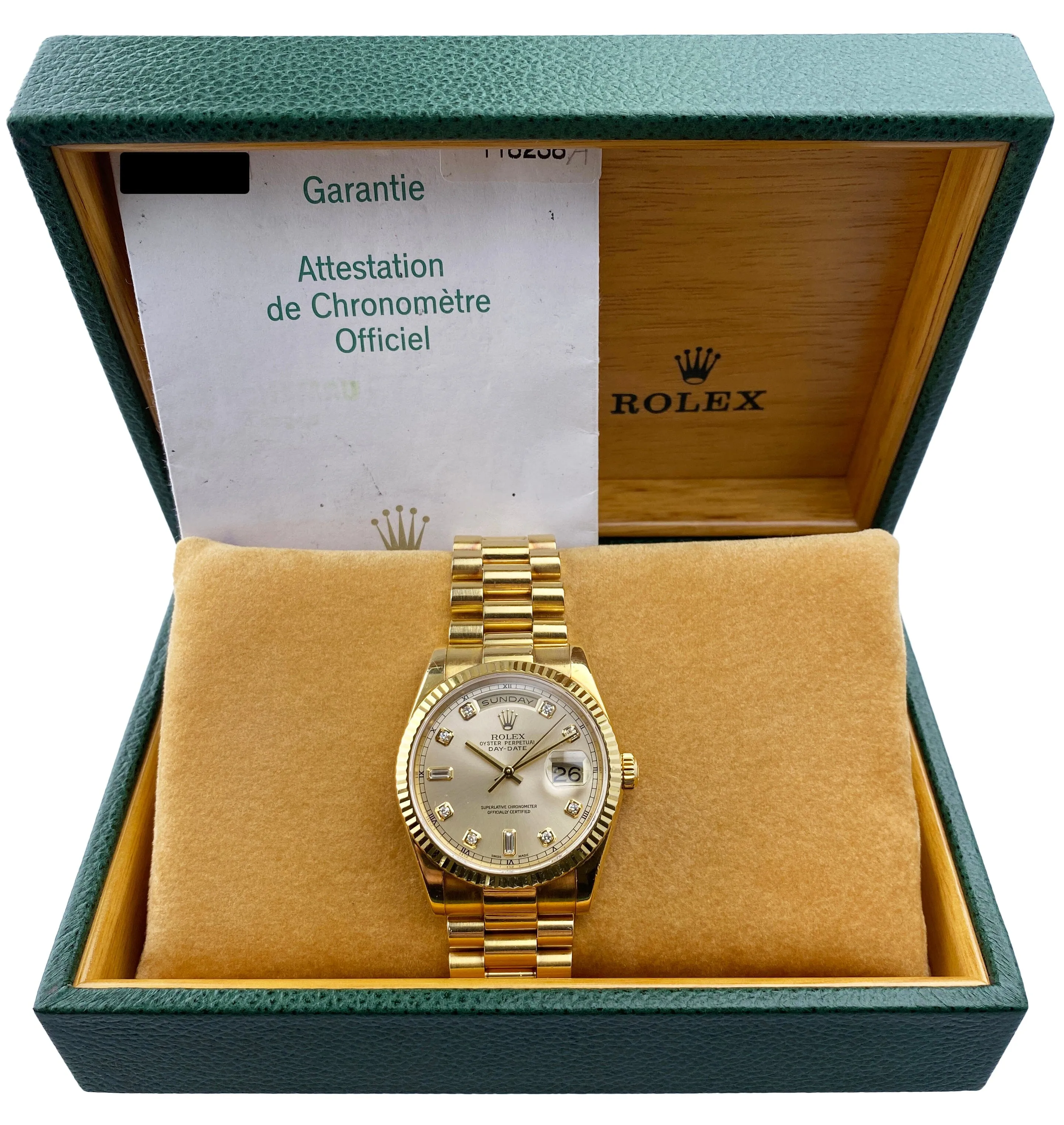 Rolex Day-Date 118238 Diamond Champagne Dial Mens Watch Box Papers