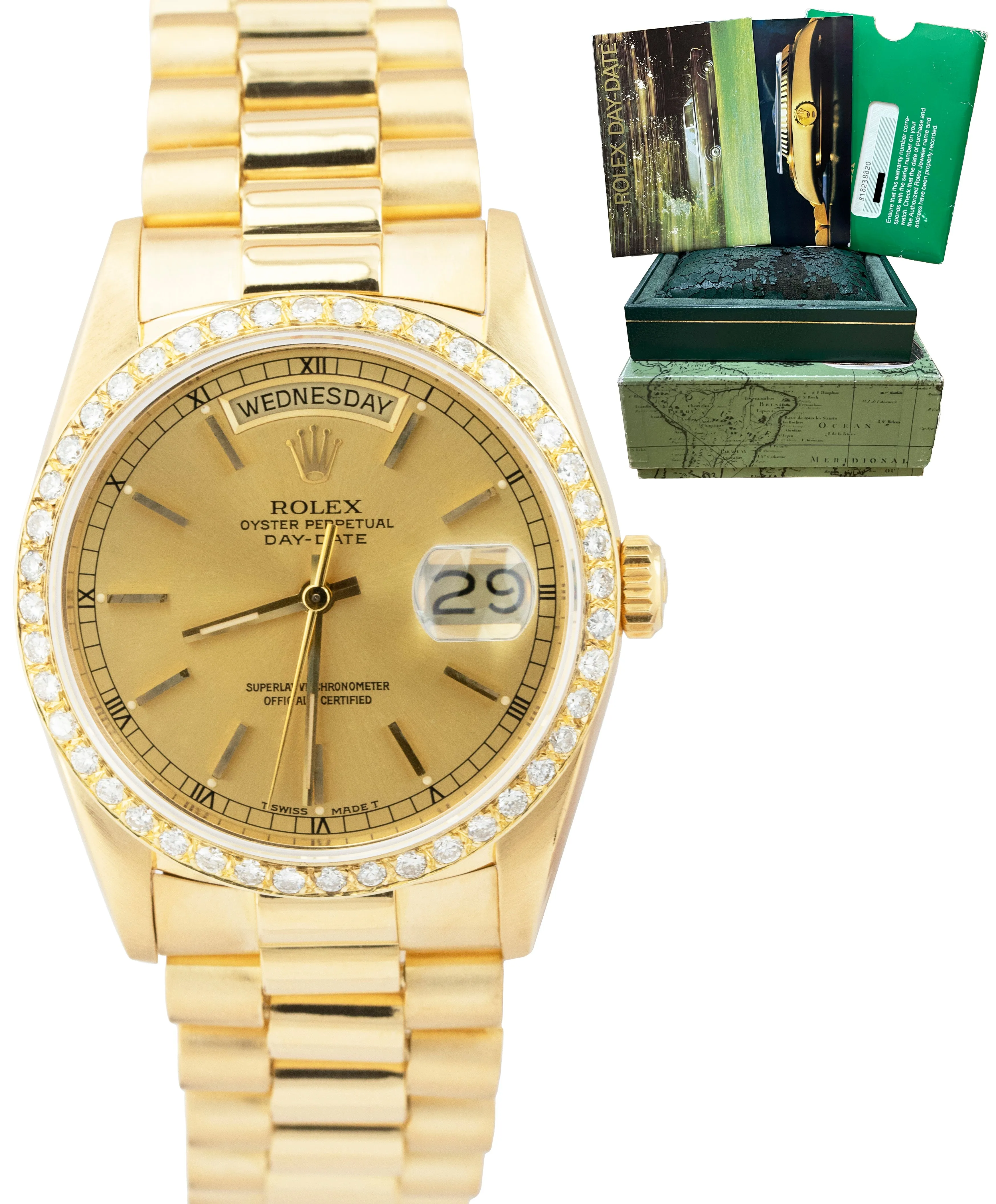 Rolex Day-Date President 36mm DIAMOND Champagne 18K Gold Watch 18238 BOX PAPERS