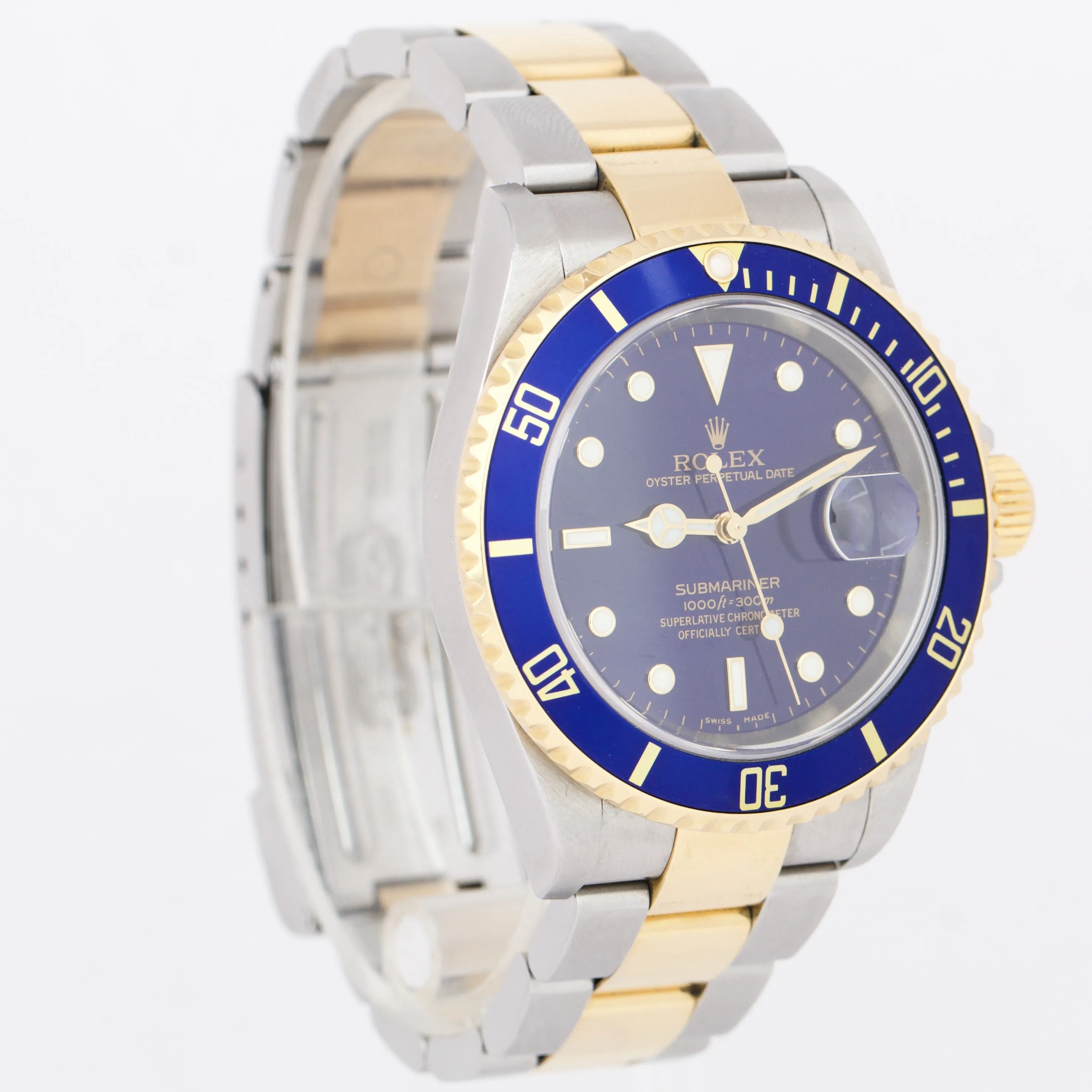 Rolex Submariner Two-Tone 18K Yellow Gold Blue NO HOLES 40mm Oyster Watch 16613