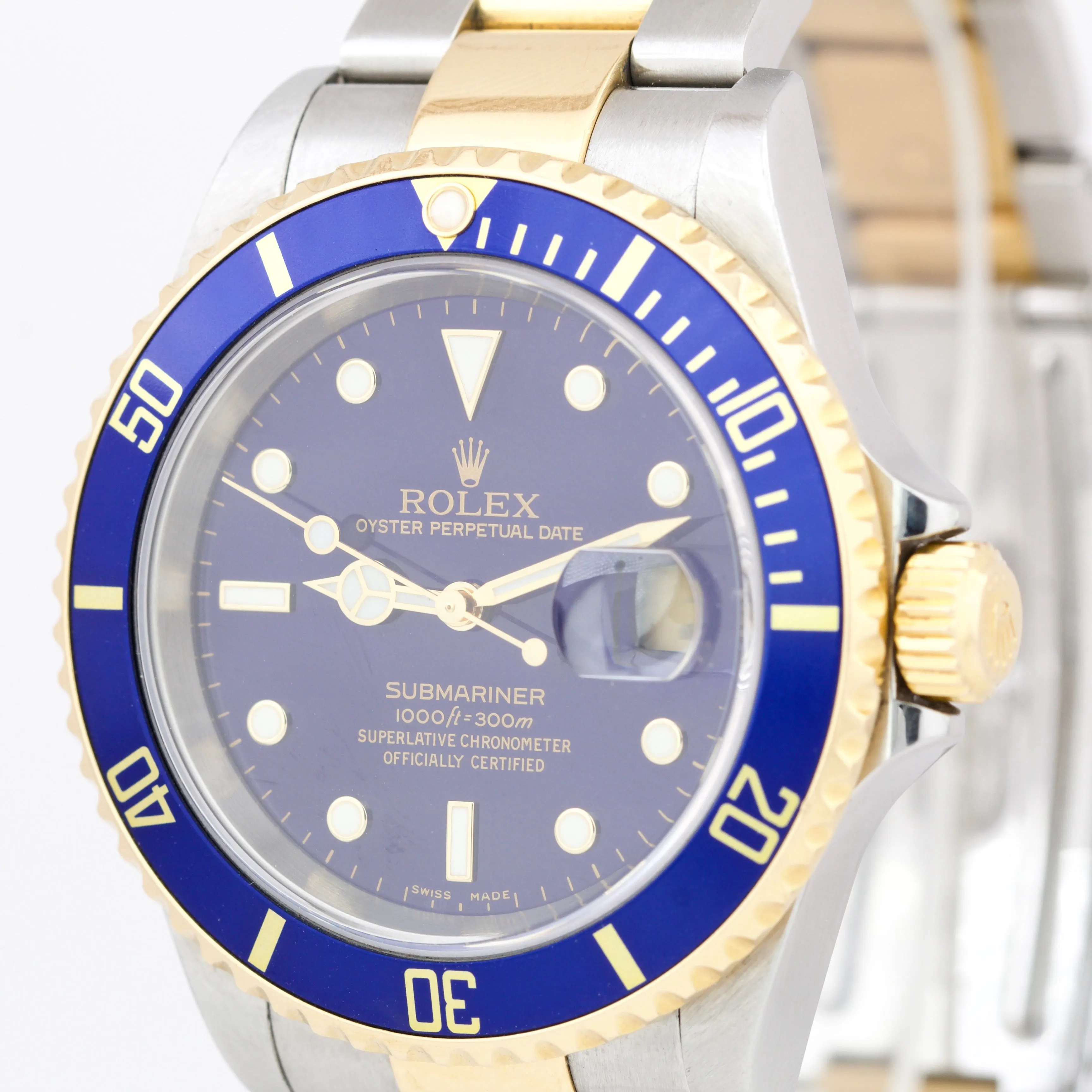 Rolex Submariner Two-Tone 18K Yellow Gold Blue NO HOLES 40mm Oyster Watch 16613