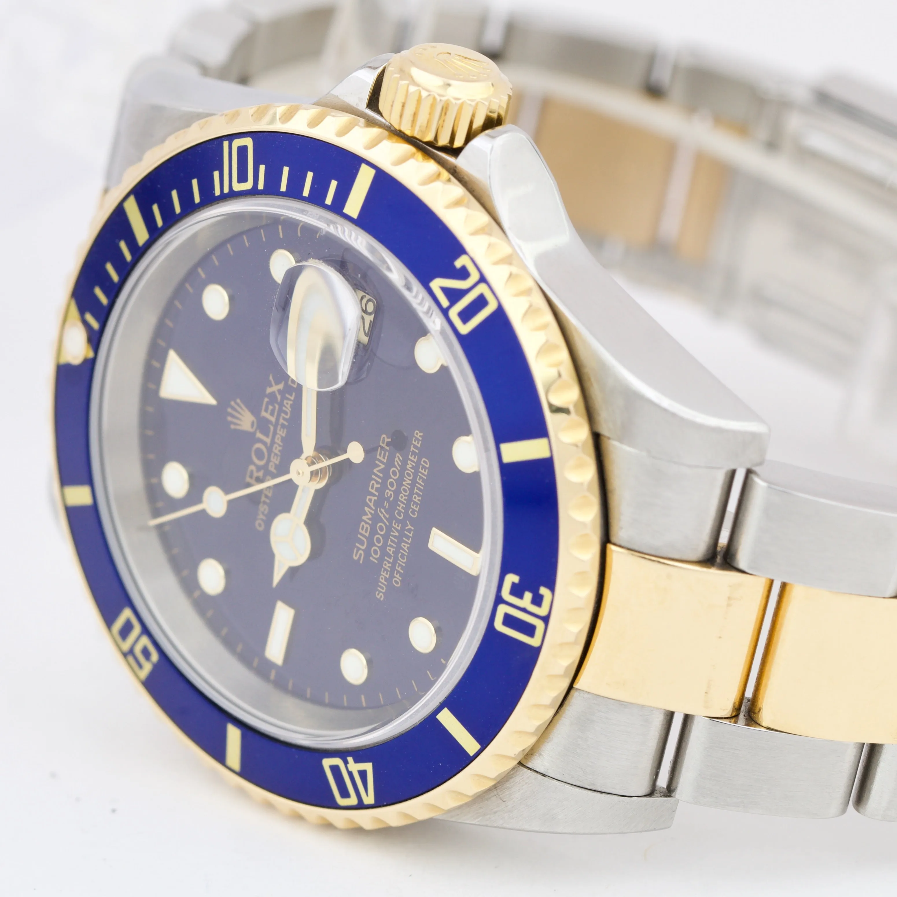 Rolex Submariner Two-Tone 18K Yellow Gold Blue NO HOLES 40mm Oyster Watch 16613