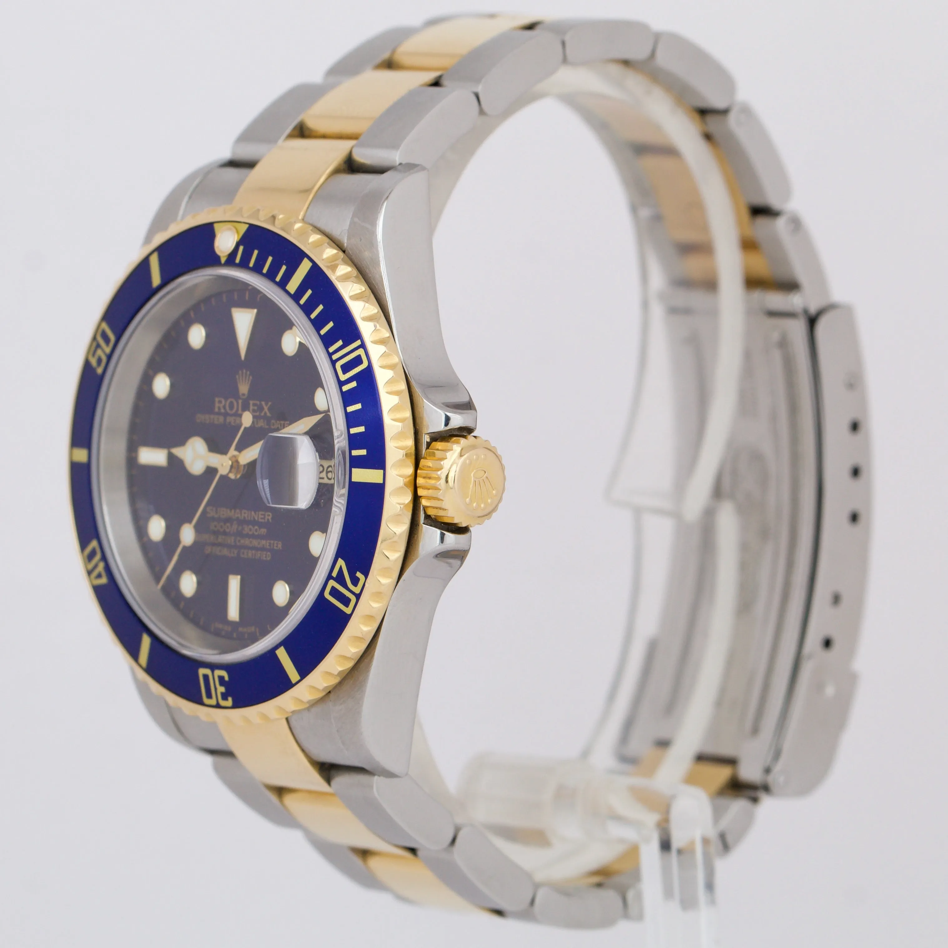 Rolex Submariner Two-Tone 18K Yellow Gold Blue NO HOLES 40mm Oyster Watch 16613