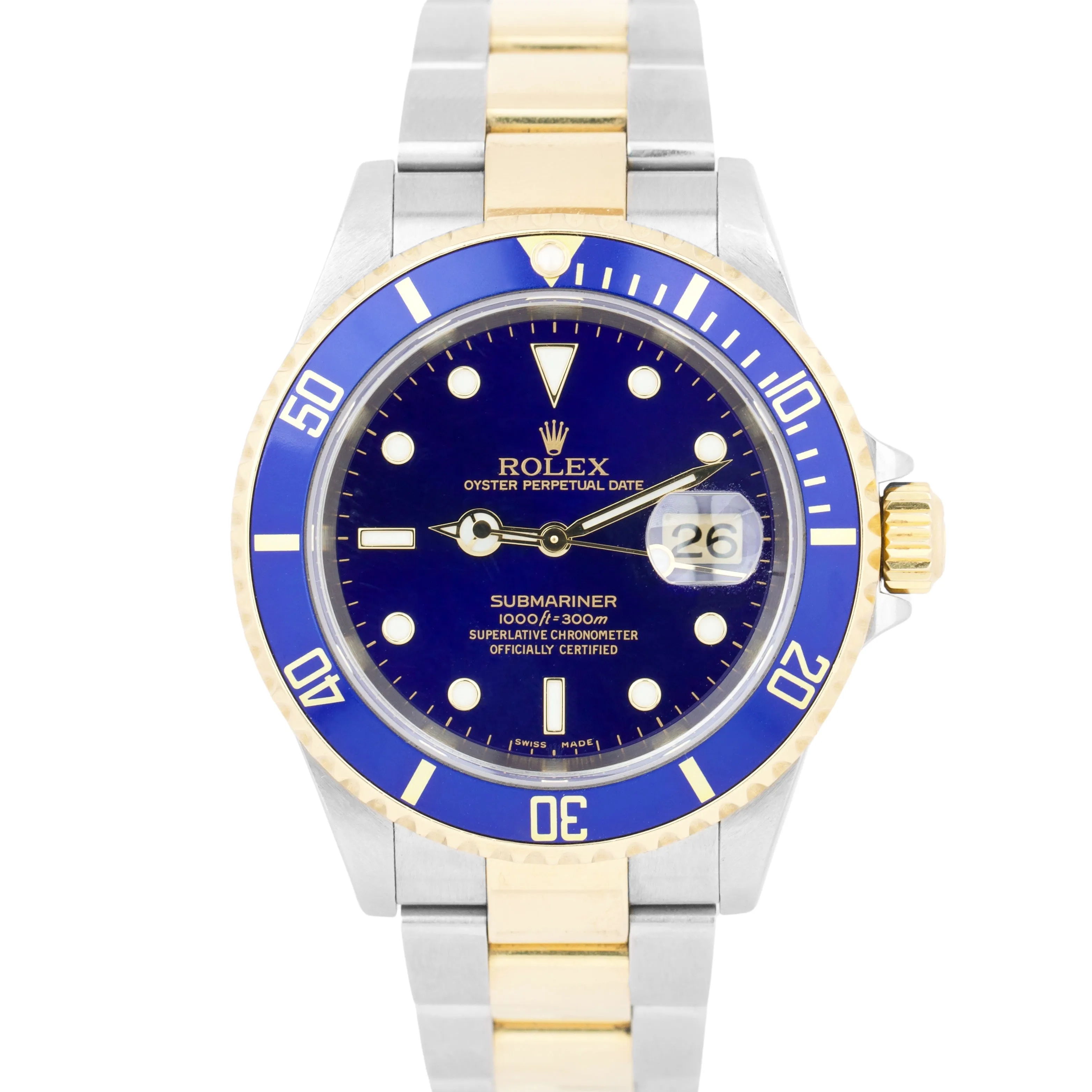 Rolex Submariner Two-Tone 18K Yellow Gold Blue NO HOLES 40mm Oyster Watch 16613