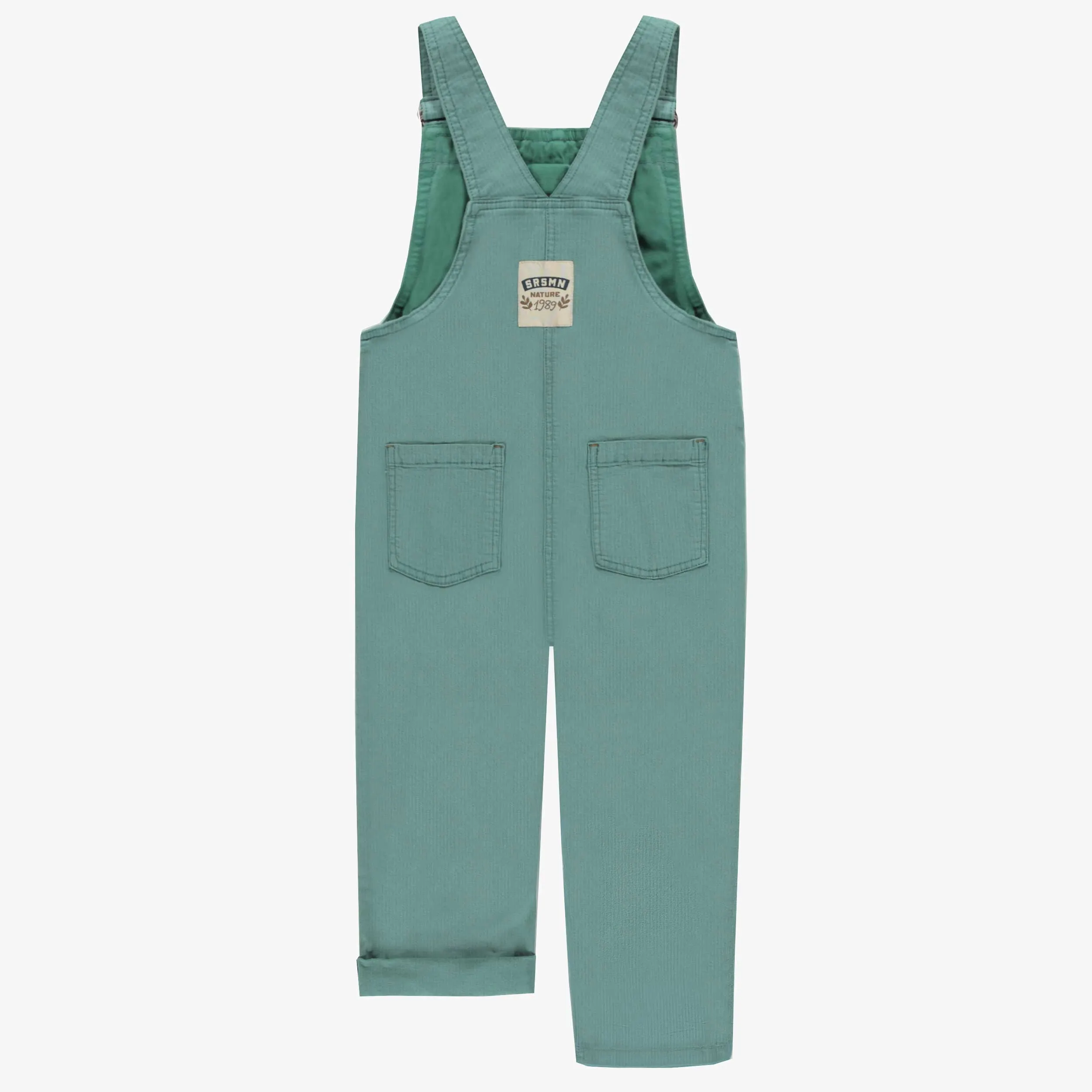 Salopette verte en denim rayé, enfant || Green overalls in railroad denim, child