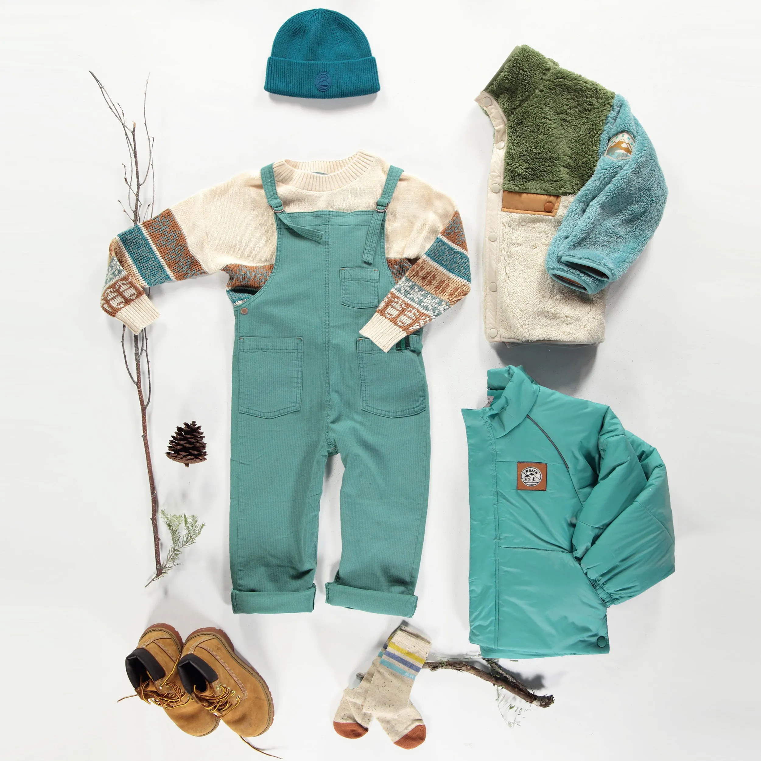 Salopette verte en denim rayé, enfant || Green overalls in railroad denim, child